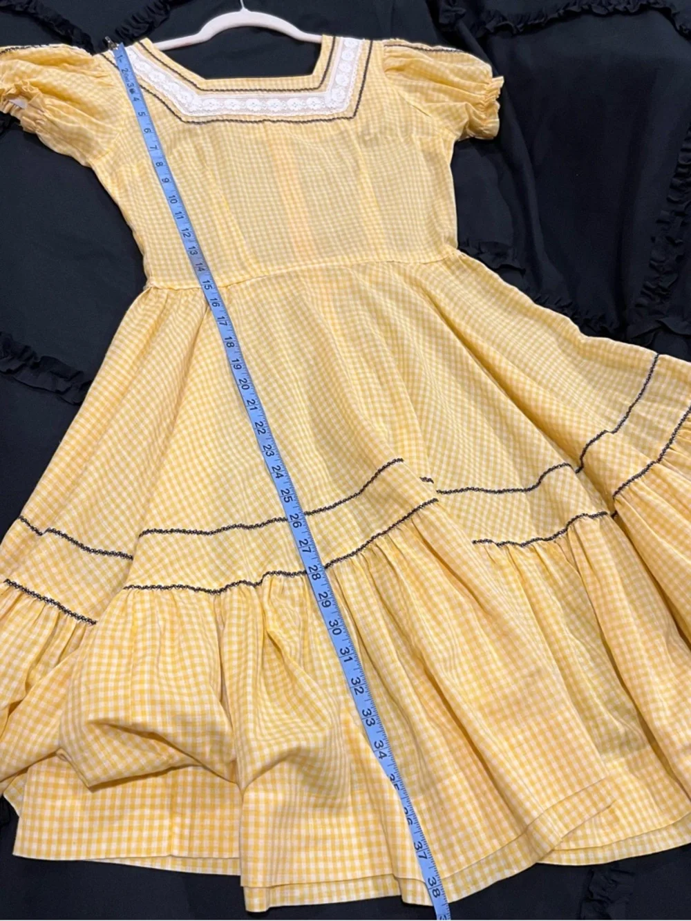 Yellow Gingham Asymmetrical Western vintage Dress with Lace Trim (Item #56) - Picture 11 of 12